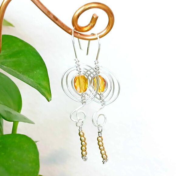 Boho Style Beaded Dangle Earrings, Wire Wrapped Glass, OOAK Statement Chic - Picture 3 of 9